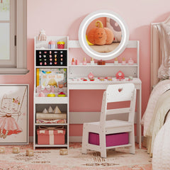 Kids Vanity Desk with Mirror and Lights Princess Pretend Play Dressing Table and Chair Set-White