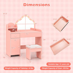 Kids Vanity Desk with Mirror and Lights Princess Pretend Play Dressing Table-Pink