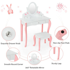 Kids Vanity Princess Makeup Dressing Table Stool Set with Mirror and Drawer-White
