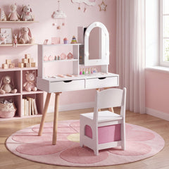 Kids Vanity Set Pretend Play Dressing Table Set with 3-Color Lighting Modes and Mirror Cabinet-White