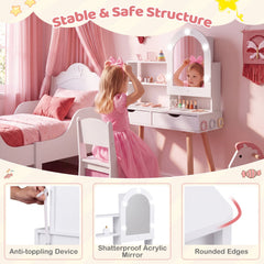 Kids Vanity Set Pretend Play Dressing Table Set with 3-Color Lighting Modes and Mirror Cabinet-White