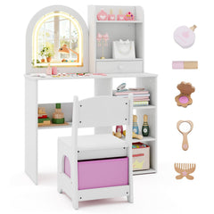 Kids Vanity Set Princess Girls Makeup Vanity Desk with Chair and 3-Color LED Lighted Mirror-White