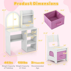 Kids Vanity Set Princess Girls Makeup Vanity Desk with Chair and 3-Color LED Lighted Mirror-White