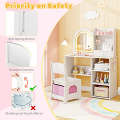 Kids Vanity Set Princess Girls Makeup Vanity Desk with Chair and 3-Color LED Lighted Mirror-White