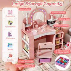 Kids Vanity Set with Colorful LED Lights Princess Makeup Dressing Table with Chair-Pink