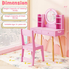 Kids Vanity Set with Lighted Mirror and Storage Drawers-Pink