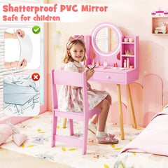 Kids Vanity Set with Lighted Mirror and Storage Drawers-Pink