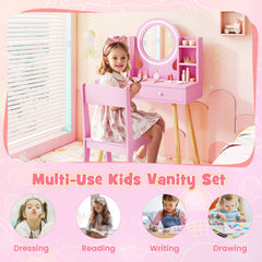 Kids Vanity Set with Lighted Mirror and Storage Drawers-Pink