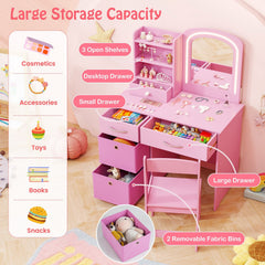 Kids Vanity Set with Lighted Mirror Makeup Desk and Chair Set with Drawers-Pink