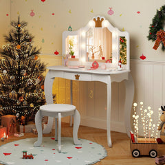 Kids Vanity Set with Tri-fold Lighted Mirror Detachable Top and Stool-White