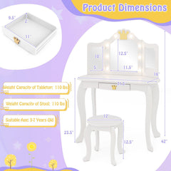 Kids Vanity Set with Tri-fold Lighted Mirror Detachable Top and Stool-White