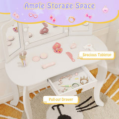 Kids Vanity Set with Tri-fold Lighted Mirror Detachable Top and Stool-White