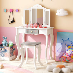 Kids Vanity Set with Tri-folding Mirror-White