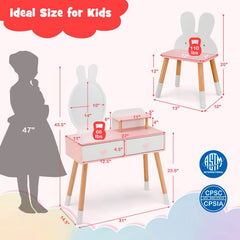 Kids Vanity Table and Chair Set with Drawer Shelf and Rabbit Mirror-White
