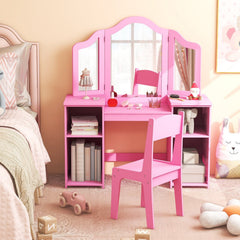 Kids Vanity Table and Chair Set with Removable Tri-Folding Mirror-Pink