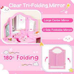 Kids Vanity Table and Chair Set with Removable Tri-Folding Mirror-Pink