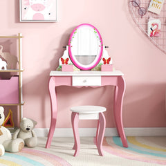 Kids Vanity Table and Stool Set with 360° Rotating Mirror and Whiteboard-Pink