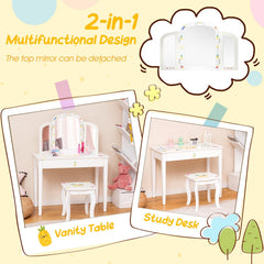 Kids Vanity Table Set with Tri-Folding Mirror and Large Drawer-White