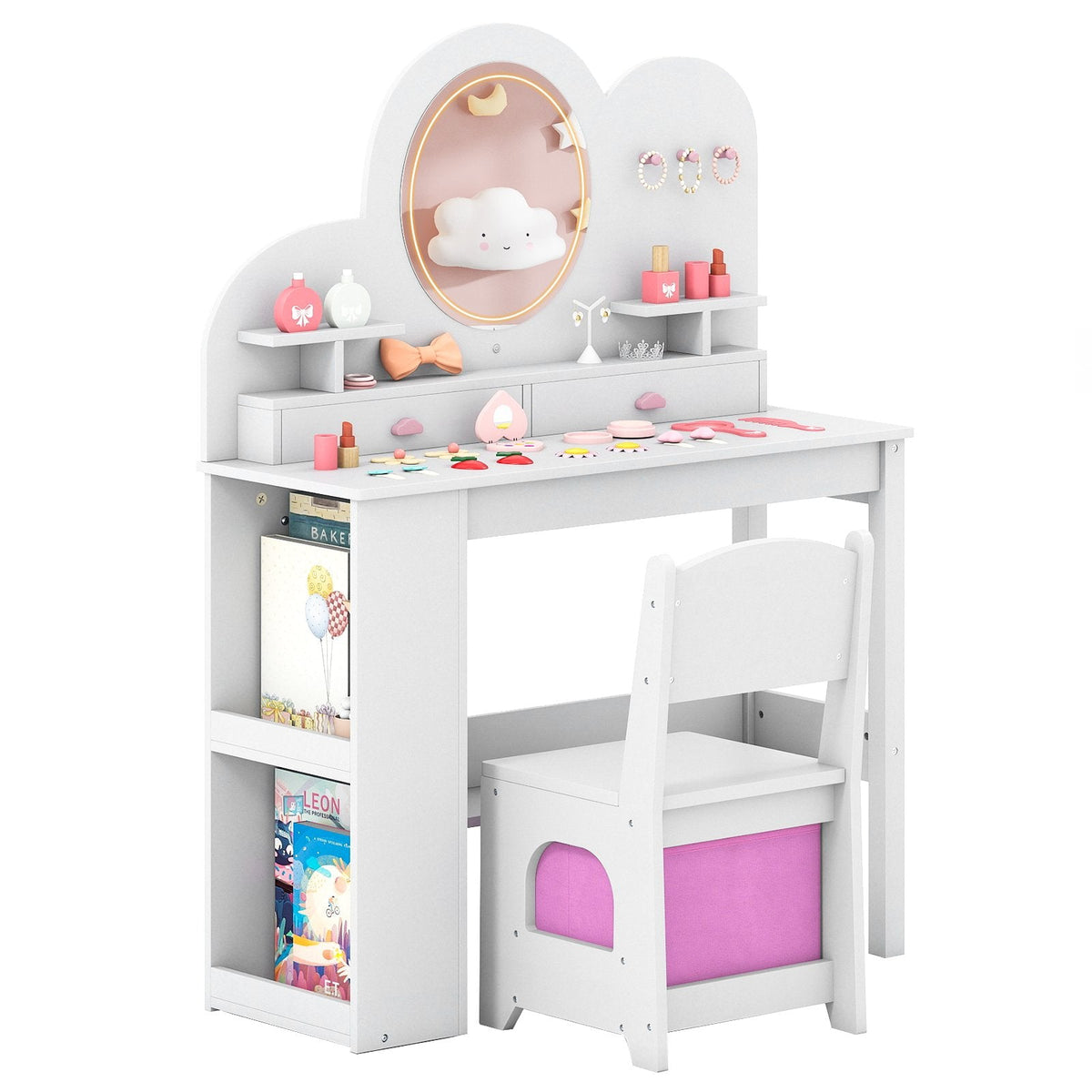 Kids Vanity with Lights Princess Vanity Table and Chair Set with 2 Drawers and 2-Tier Bookshelf-White