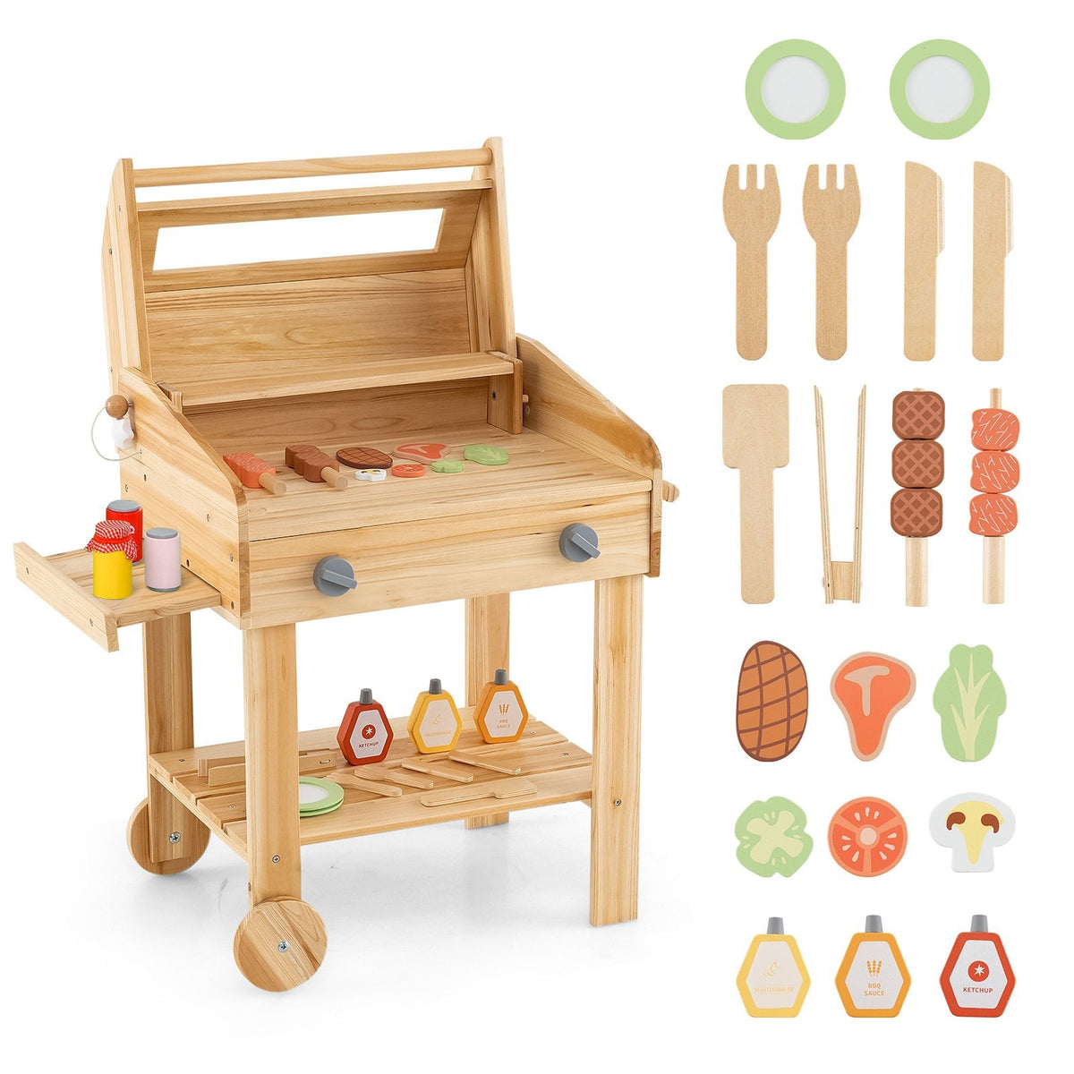 Kids Wooden Barbecue Grill Playset Pretend Kitchen with Food and Wheels-Natural