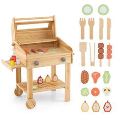 Kids Wooden Barbecue Grill Playset Pretend Kitchen with Food and Wheels-Natural