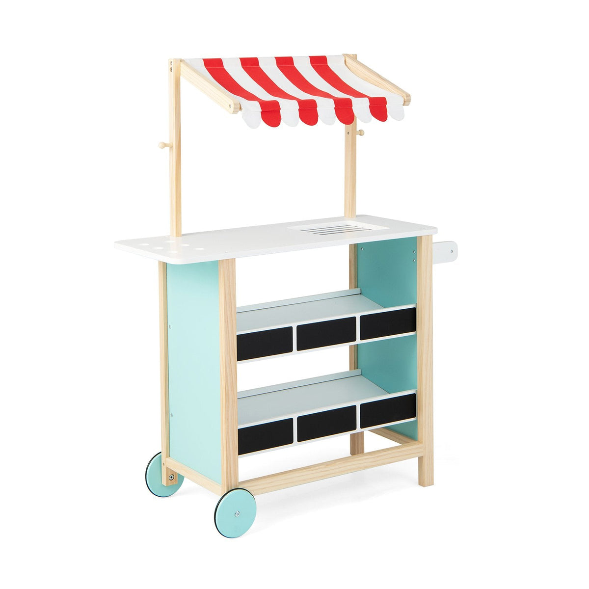 Wooden Ice Cream Cart for Kids with Chalkboard Shelves, Scale, Bell and Wheels
