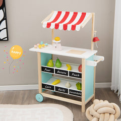 Wooden Ice Cream Cart for Kids with Chalkboard Shelves, Scale, Bell and Wheels