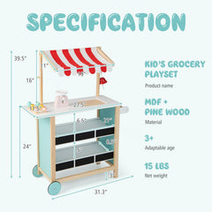 Wooden Ice Cream Cart for Kids with Chalkboard Shelves, Scale, Bell and Wheels