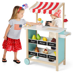 Wooden Ice Cream Cart for Kids with Chalkboard Shelves, Scale, Bell and Wheels