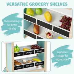 Wooden Ice Cream Cart for Kids with Chalkboard Shelves, Scale, Bell and Wheels