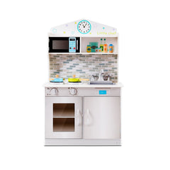 Beige Wooden Play Kitchen for Kids with Clock, Brick Splashback and Cupboard