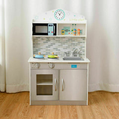 Beige Wooden Play Kitchen for Kids with Clock, Brick Splashback and Cupboard