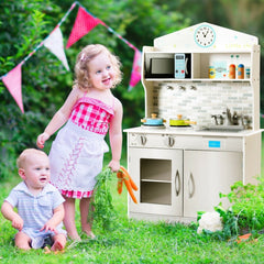 Beige Wooden Play Kitchen for Kids with Clock, Brick Splashback and Cupboard