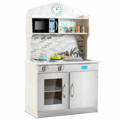 Beige Wooden Play Kitchen for Kids with Clock, Brick Splashback and Cupboard