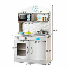 Beige Wooden Play Kitchen for Kids with Clock, Brick Splashback and Cupboard