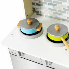 Beige Wooden Play Kitchen for Kids with Clock, Brick Splashback and Cupboard