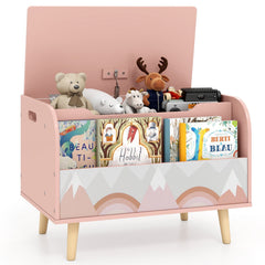Kids Wooden Toy Box with Front Bookshelf and 4 Solid Wood Legs for Playroom-Pink