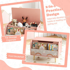 Kids Wooden Toy Box with Front Bookshelf and 4 Solid Wood Legs for Playroom-Pink
