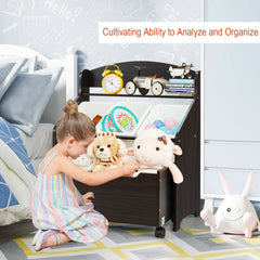 Kids Wooden Toy Storage Unit Organizer with Rolling Toy Box and Plastic Bins-Espresso