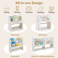 Kids Writing Desk and Chair Set with Side Bookshelves-White