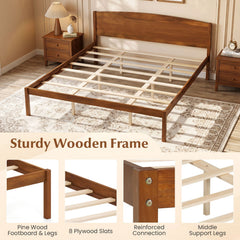 King Size Wooden Platform Bed Frame with Curved Headboard-Walnut