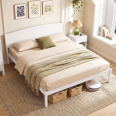 King Size Wooden Platform Bed Frame with Curved Headboard-White