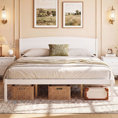 King Size Wooden Platform Bed Frame with Curved Headboard-White