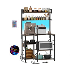 Kitchen Bakers Rack with Power Outlet 5-Tier Microwave Oven Stand with LED Lights-Rustic Brown