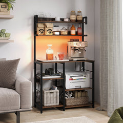 Kitchen Bakers Rack with Power Outlet 5-Tier Microwave Oven Stand with LED Lights-Rustic Brown