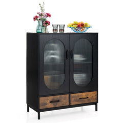 Kitchen Industrial Buffet Sideboard with Tempered Glass Doors-Black
