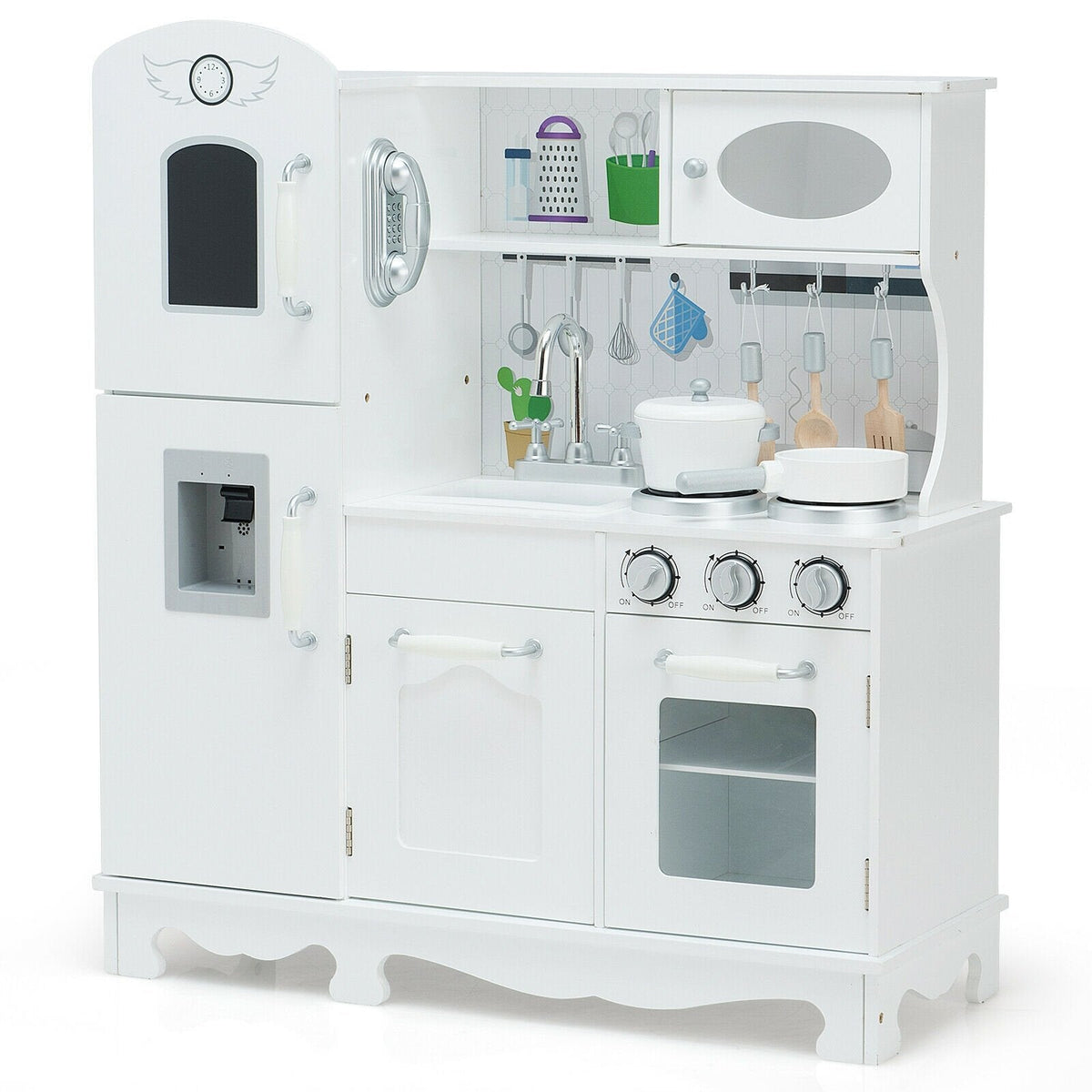 White Wooden Play Kitchen with Fridge, Water Dispenser, Blackboard and Cookware
