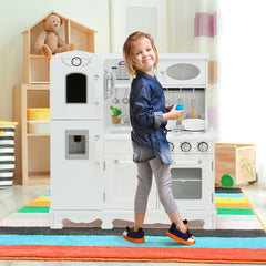 White Wooden Play Kitchen with Fridge, Water Dispenser, Blackboard and Cookware