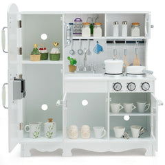 White Wooden Play Kitchen with Fridge, Water Dispenser, Blackboard and Cookware