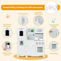 White Wooden Play Kitchen with Fridge, Water Dispenser, Blackboard and Cookware
